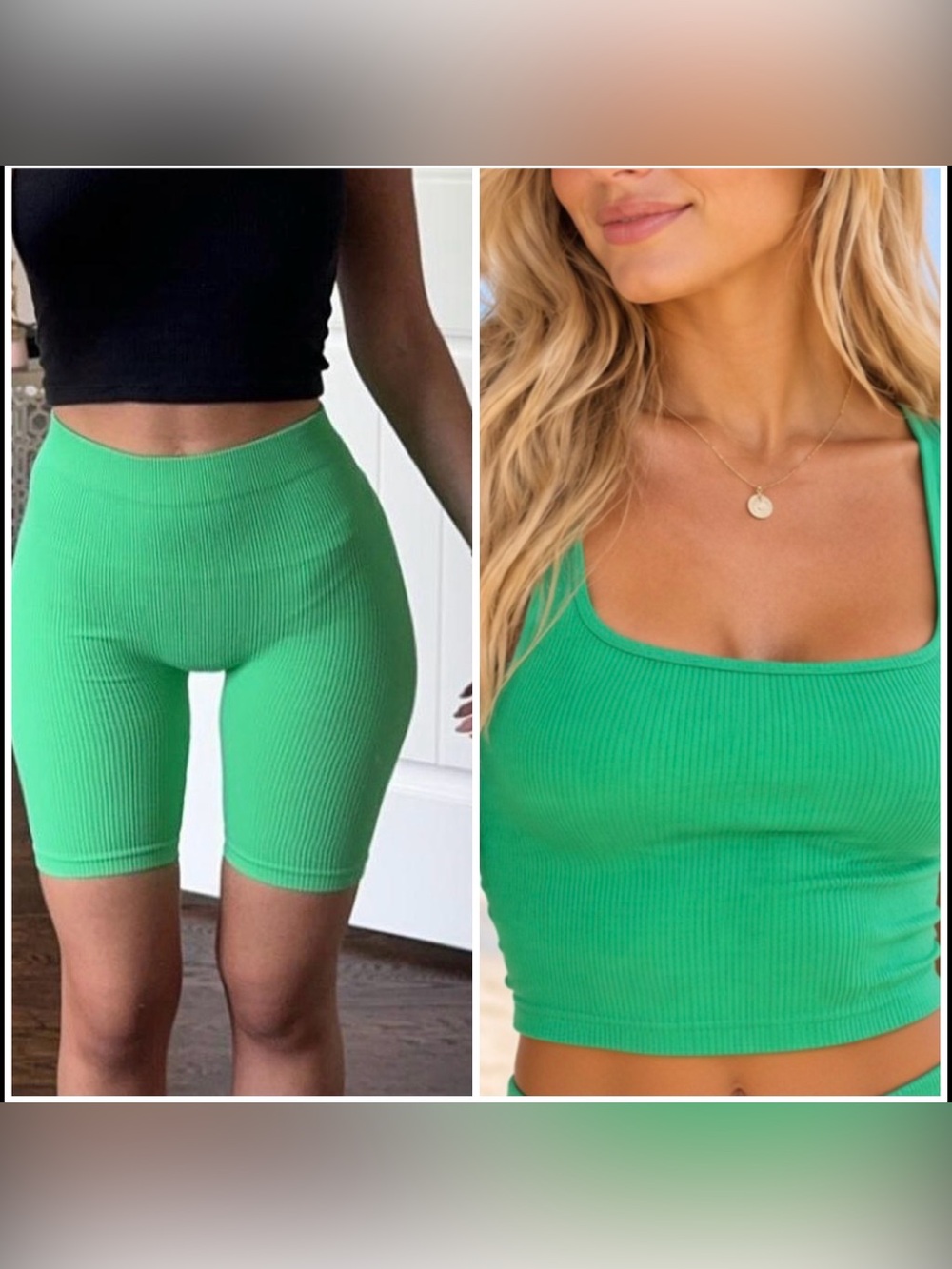 Zara Limitless Contour Green Seamless Square Neck Crop Tank and Biker Shorts XS